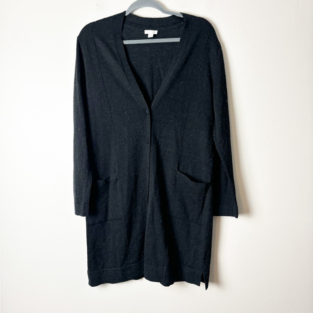 J JILL • Women’s Black Speckle Long Lined Cotton Blend Button Cardigan Sweater